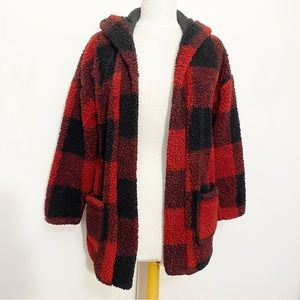 PINK ROSE fuzzy Buffalo plaid faux Sherpa open front jacket soft lining S